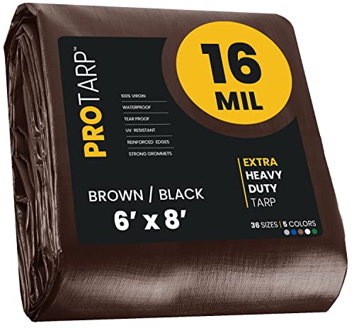 Extra Heavy Duty 16 Mil Tarp Cover, Waterproof, UV Resistant, Rip and Tear Proof, Poly Tarpaulin with Reinforced Edges for Roof, Camping, Patio, Pool, Boat. (Brown/Black 6′ X 8′) - color: Brown/Black-16 Mil, size: 6′ X 8′