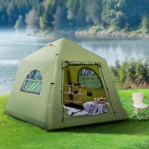KNUO Inflatable Camping Tent, Large Blow-Up Air Tent, No Assembly Needed Luxury Glamping House, Oxford Fabric - color: Field Green-Dual-layer Doors, size: 7.8x7.8ft