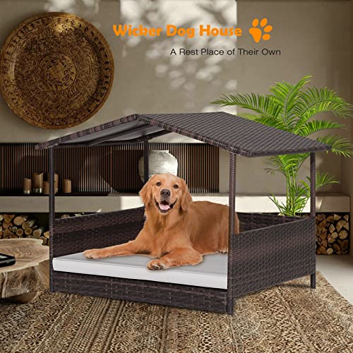 Wicker Dog House Elevated Dog Bed Houses for Indoor Outdoor, Raised Rattan Dog Cot Woven Pet Sofa, w/Waterproof Shelter, Removable Cushion Lounge, Washable Cover - style: White