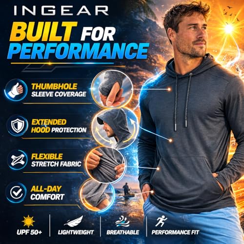 INGEAR Men’s UPF 50+ Sun Hoodie - Lightweight UV Protection Fishing Shirt, Quick-Dry Moisture-Wicking Rash Guard with Pocket - color: Military Green, size: Medium