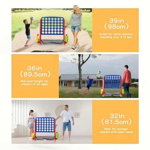 UNICOO Adjustable Height Giant 4-in-a-Row Game with Carry Bag, 4-in-1 Jumbo 4-to-Score Yard Game with Basketball Hoop, Ring Toss & Golf Set, Indoor Outdoor Family Party Game for Kids & Adults - color: Red & Blue