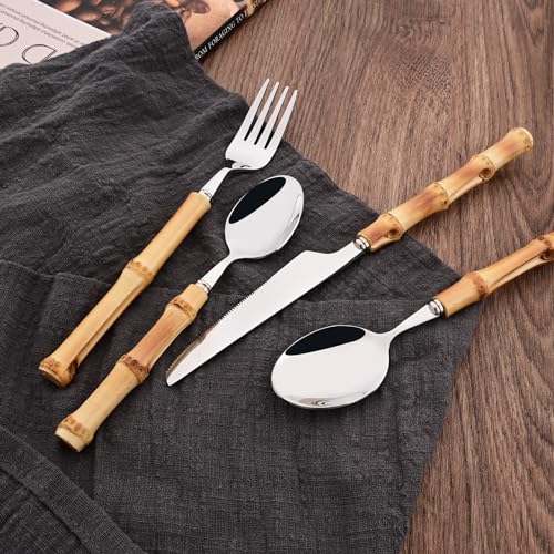 50PCS Silverware Set for 10, Bamboo Handle Flatware Set, Stainless Steel Cutlery Set for Home Restaurant and Party, Bamboo Forks Spoons and Knives Set, Polished Tableware - color: 50-Piece Service for 10