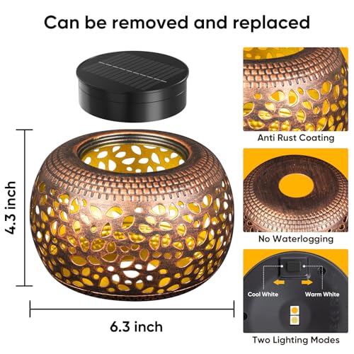 Solar Lanterns Outdoor Waterproof Decor: 2 Pack Red Copper Hollow Out Retro Metal Solar Lights - Unique Gardening Gifts for Women Mom - Outside Patio Porch Yard Tabletop Decorations 2 Lighting Modes - size: Red Copper 2 Pack