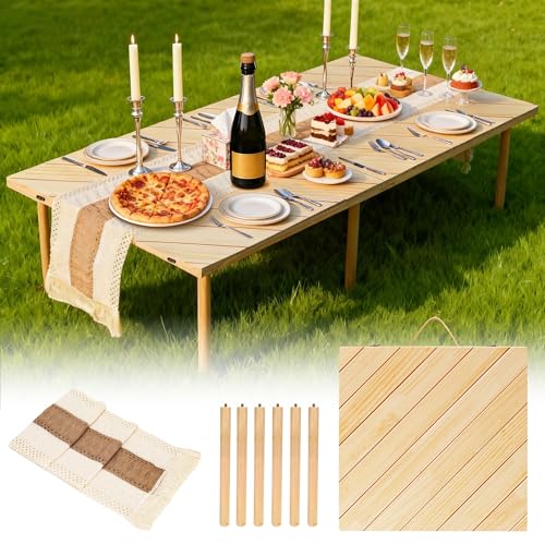 Folding Picnic Table with Boho Table Runner 60" x 30" Wooden Low Table, Portable for Indoor Outdoor Use Ideal for Camping Beach Weddings Garden Parties (Seats 6)