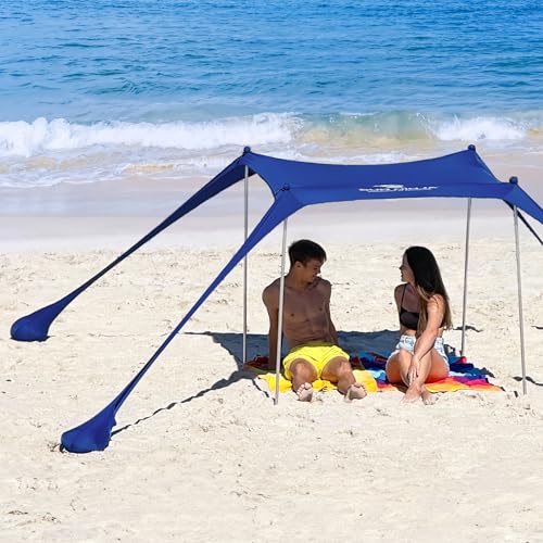 SUN NINJA Beach Tent Sun Shelter UPF50+ - Easy Pop Up Beach Canopy - Outdoor Shade for Camping Trips, Fishing, Backyard Fun Picnics - Sand Shovel, Ground Pegs & Stability Poles - color: Navy, size: 5x5 FT 4 Pole
