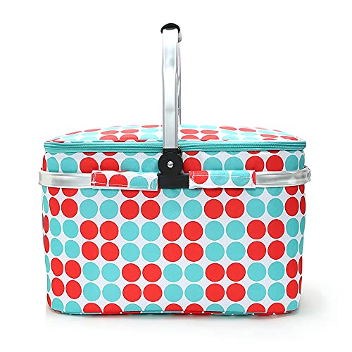 Insulated Picnic Basket 26L Portable Collapsible Market Leakproof Tote with Aluminum Handle for Camping, Shopping, Travel, Large Size (Polka Dot) - color: Polka Dot