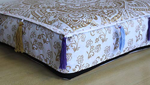 ICC Large Square Cotton Mandala Cushion Cover Hippie Ottoman Pouf Cover Daybed Floor Pillow Cover with Heavy Duty Zipper Seating Ottoman Poufs Dog-Pets Bed (White Flower Gold, 18" Square) - color: White Flower Gold, size: 18" x 18" (Pack of 1)
