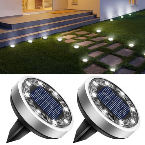 btfarm 2 Pack Solar Lights Outdoor, 8 LED Solar Ground Lights IP65 Waterproof Flat Solar Disc Light, Pathway Lights for Garden Lawn Patio Yard Path Landscape, Cool White - color: Cool White, size: 2 Pack