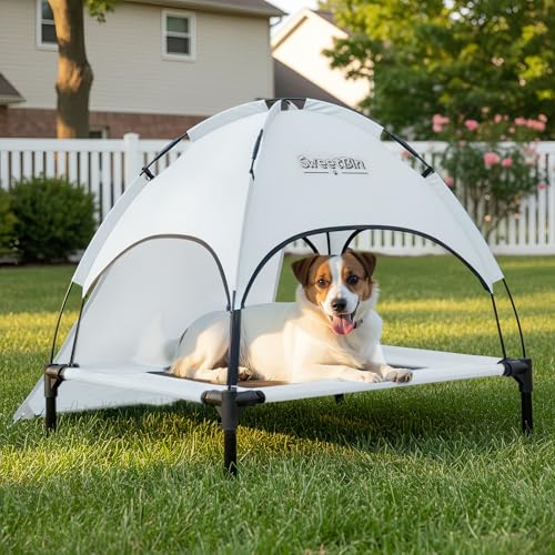 S/M/L Outdoor Elevated Dog Cot with Canopy & Side Shade for Camping Small Medium Dogs (Carry Bag), Portable Cooling Raised Dog Bed - color: Grey, size: M (30" x 24" x 28")