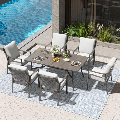 NATURAL EXPRESSIONS 7 Piece Patio Dining Table Outdoor Furniture Set for 6, 6Pcs Fixed Dining Chairs with Olefin Cushions, 65”Large Dining Table with Umbrella Hole - size: 7pcs with 6 Fixed Chairs