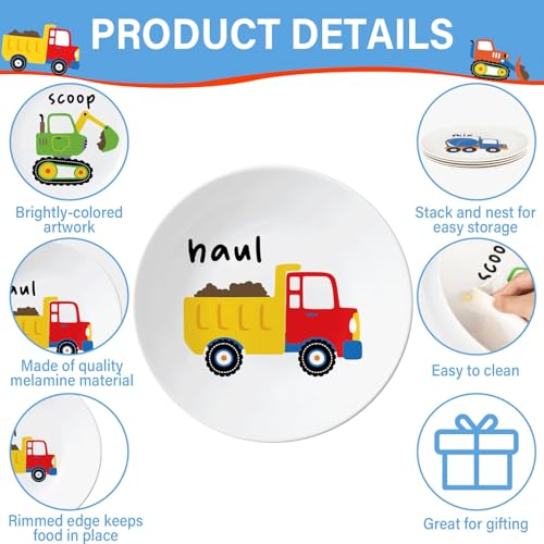 4 Set 10 Inch Construction Truck Plates Melamine Construction Truck Dinnerware Set Reusable Baby Shower Vehicle Melamine Plate Dishwasher Safe for Toddlers Creatively Drop Resistant Cute Plastic Dish - style: Construction Truck