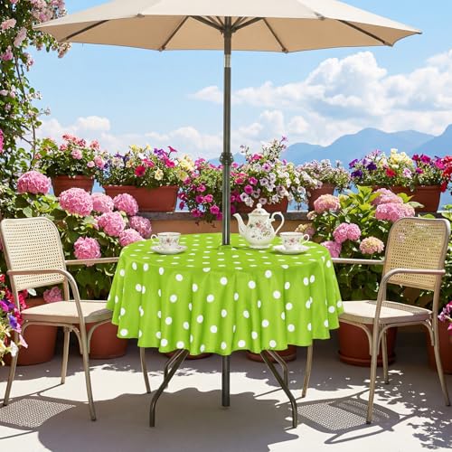 SquarePie 60'' Round Outdoor Tablecloth with Umbrella Hole Waterproof Zippered Table Cloth for Picnic Patio BBQs Backyard, Green Polka Dot - color: Green Polka Dot, size: 60" (Round)