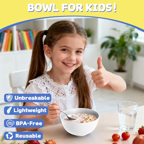 Wheat Straw Bowls 26 OZ, Plastic Bowls Reusable, Unbreakable Cereal Bowls Set of 6, Small Soup Bowl Salad Bowl for Kitchen, Microwave & Dishwasher Safe, White - color: White, size: 26 Oz