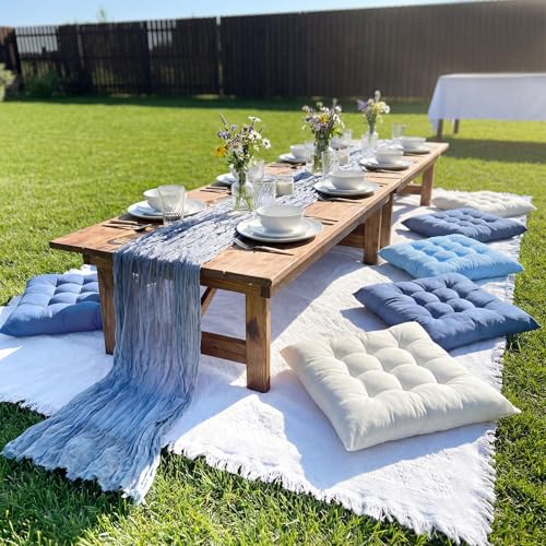 Extra Large Outdoor Picnic Blanket with Table Runner and Floor Pillow Cushion for Picnic Wedding Birthday Baby Shower Backyard(91 x 71'',Blue,White,6-Person) - color: Blue,white