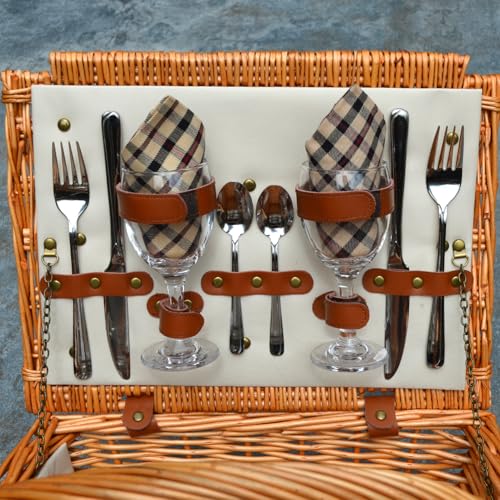 Personalized Picnic at Ascot Dorset English-Style Willow Picnic Basket with Service for 4 - Designed, Assembled & Quality Approved in The USA