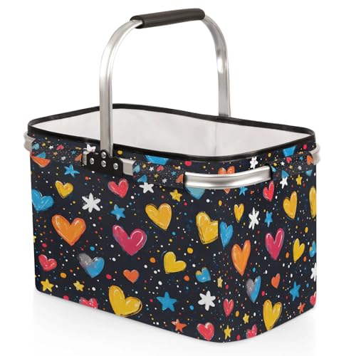 Heart Shaped Picnic Basket Large Collapsible Market Baskets Portable Reuasble Shopping Bags with Handles for Camping Beach Travel - color: Gray