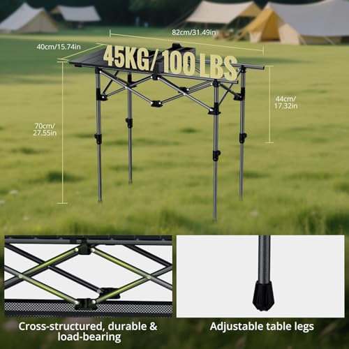Anbte 3ft Aluminum Roll Top Camping Table Max 27.5", 2 Adjustable Height Folding Camping Table Waterproof with Storage Net and Bag for BBQ Picnic Tailgating Backyard RV Travel, 32.2” x 16”, Pure Black - color: Pure Black, size: 32"L x 16"W x 27.5"H (2 hei
