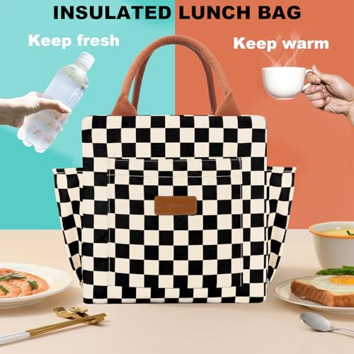 Joymee Lunch Bag Women Insulated Lunch Box Reusable Leakproof Large Spacious Cooler Tote for Women Men Adult with Bottle Holder and Side Pockets for Work Office Travel Picnic -Checker Black - color: 04 Checker Black