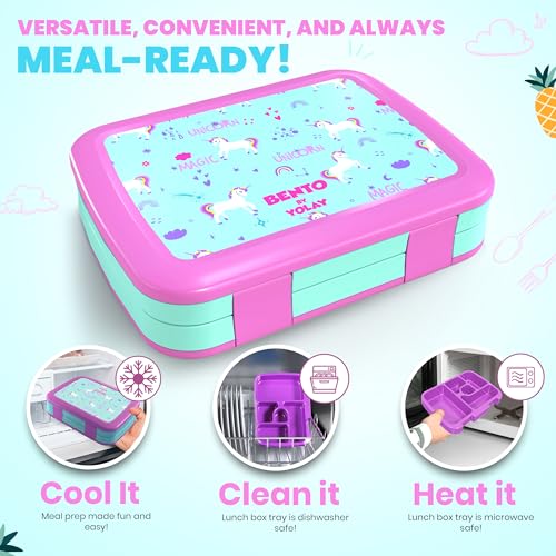 YOLAY Bento Box for Kids Lunch Box Leak-Proof, 5-Compartment Lunch Box Kids for Ages 3-10, Durable with Anti-Slip Base, Suitable for Schools, Outdoor and Travel (Unicorn) - color: Unicorn
