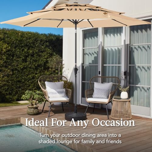 Best Choice Products 10ft 3-Tier Market Patio Umbrella, Outdoor Sun Shade with Tilt, Crank Lift, 8 Ribs for Backyard, Deck, Poolside - color: Sand