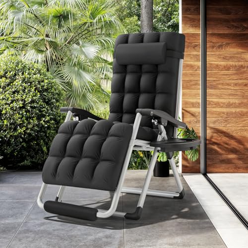 MoNiBloom Zero Gravity Lounge Chair with Cushion, Padded Patio Anti Gravity Recliner, Foldable Outdoor Lounger with Cup Holder Tray, Headrest and Footrest for Beach Camping, Black - color: Black, size: Standard with Footrest 1-Pack
