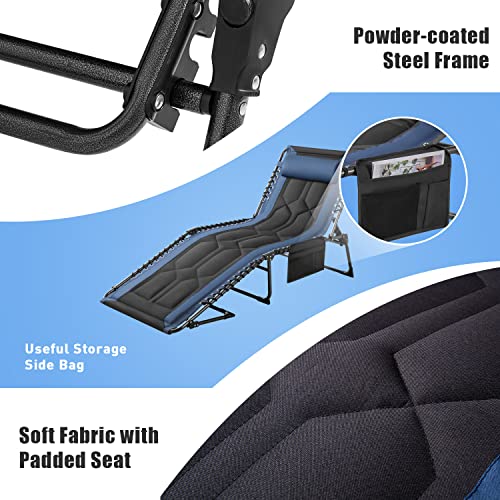 Flamaker Folding Chaise Lounge Outdoor Portable Lounge Chairs 4-Position Adjustable Camping Lounge Chair with Pillow & Side Bag Lightweight Recliner Sunbathing Chair for Pool Beach Deck (Blue) - color: Blue