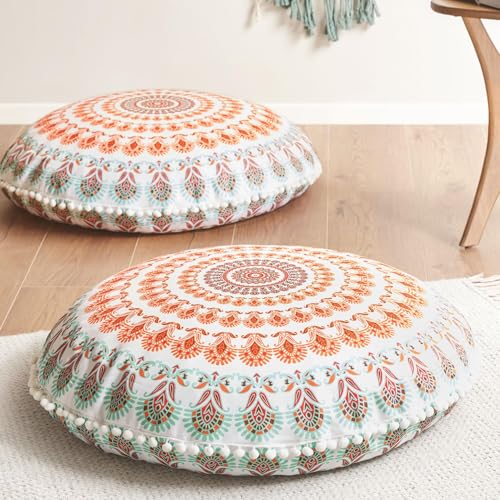 Codi Floor Pillows for Adults Set of 2, Large Boho Meditation Cushions with Memory Foam, Round Mandala Seating for Outdoor Yoga and Living Room, Washable, 32 Inch, Coral - color: Round | Coral, size: 2 Count (Pack of 1)