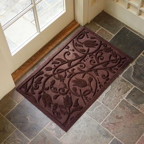 ViveNest Boho Coffee Brown Floral Leaves Outdoor Indoor Entrance Doormats, Absorbent Durable Heavy Duty Welcome Front Door Mat,Thick Natural Rubber Back,Easy Clean Entryway Mat 17x30 Inch, Low Profile - color: Tulip-coffee, size: 1'5" x 2'6" (Rectangular)