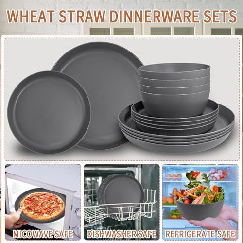 EI 12pcs Wheat Straw Dinnerware Set of 4,Kitchen Plates and Bowls,Reuasble Plates,Unbreakable Dinner Plate,Hard Premium Plastic Plate for Camping,Picninc,Halloween - color: Dark Grey Wheat Straw Plates and Bowls