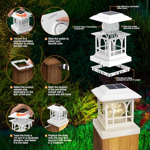 Fence Post Solar Lights, Crackle Glass Solar Post Cap Lights, 20 Lumens, Warm White & RGB Automatic Cycling 2 Modes for 3.6x3.6 4x4 4.5x4.5 5x5 Vinyl Wooden Posts Decoration, White (6 Pack) - color: White, size: 6 Pack