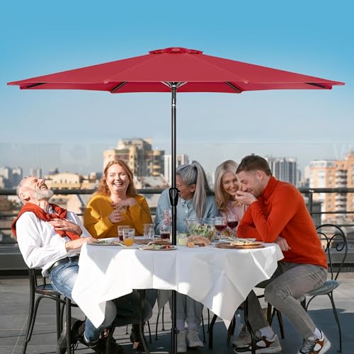 Simple Deluxe 9ft Patio Umbrella Outdoor UV-proof, Table Market Umbrella with Push Button Tilt and Crank, 8 Sturdy Ribs for Garden, Backyard, Pool, Deck, Red - color: 9ft-Red Update, size: 9ft