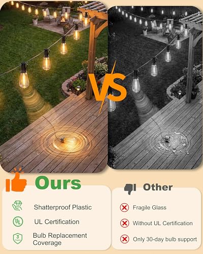 54FT Outdoor Solar String Lights, Patio Lights Solar Powered with Remote & USB Port, 24+1 ST38 LED Shatterproof Bulbs, Dimmable Solar String Light Waterproof for Camping, Backyard, Garden - size: 54FT (24Bulbs)