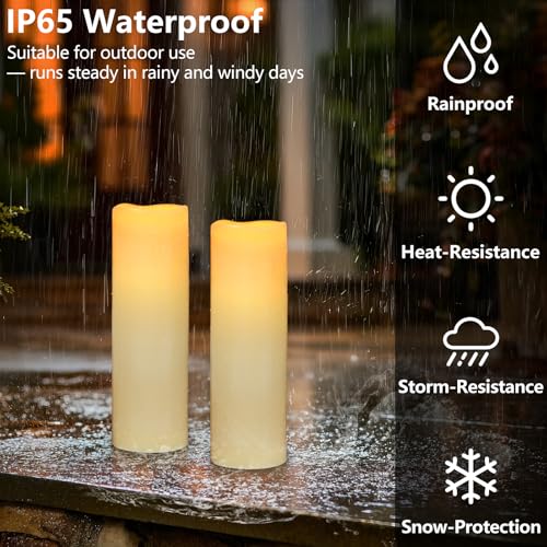 Kimjo 14" x 4" Large Outdoor Candles with Remote: Battery Operated LED Flameless Candles with Timer - Realistic Fake Waterproof Flickering Pillar Candles for Patio Porch Lanterns (Ivory 2 Pack) - color: Ivory