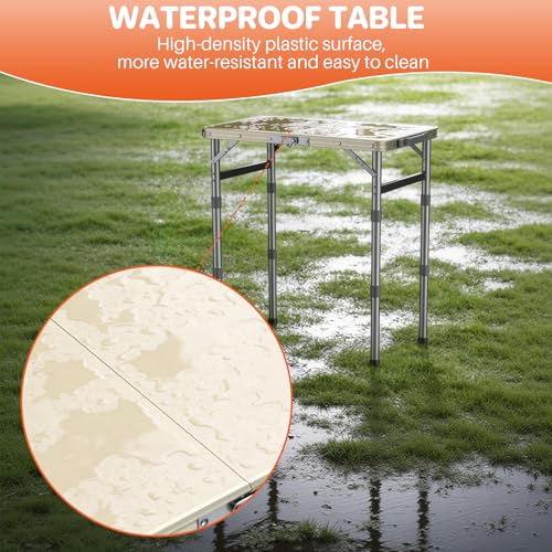 FUNYKICH Camping Table with Waterproof Plastic Tabletop 22.8''x15.7'', 3 Height Adjustable Small Folding Table, Lightweight Portable Picnic Table with Carry Handle for Picnic, Beach, Travel, White - color: White