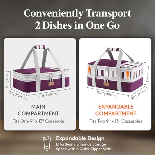 Lifewit Insulated Double Decker Casserole Carrier, Expandable Lasagna Lugger Tote Bag for Hot or Cold Food, Fits 9" x 13" Baking Dish for Potluck Parties, Picnic and Cookouts, Purple - color: Purple