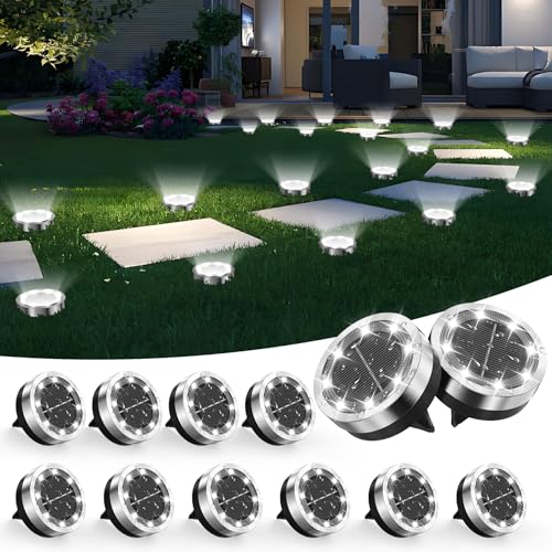Solar Ground Lights Outdoor, 12 Pack Solar Lights Outdoor Waterproof, Mini Flat Solar-Powered Garden Light, Landscape Lighting for Garden Yard Lawn Pathway Walkway Driveway Backyard Decor, Cold White - color: White, size: 12 Packs