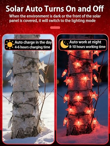 Solar Twinkle Star String Lights Outdoor Indoor Waterproof 39FT 100 LED Solar Powered Fairy Lights with 8 Lighting Modes Christmas Decor for Camping Tree Party Yard Wedding Garden (Red) - color: Red