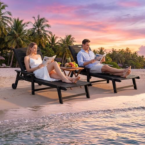 Outdoor Lounge Chair with 5-Position Adjustable, Outside Lounge Chair with Cup Holder, Wheels for Easy Mobility, HDPE Tanning Chair for Poolside, Patio, Black - color: Black, size: 1pc