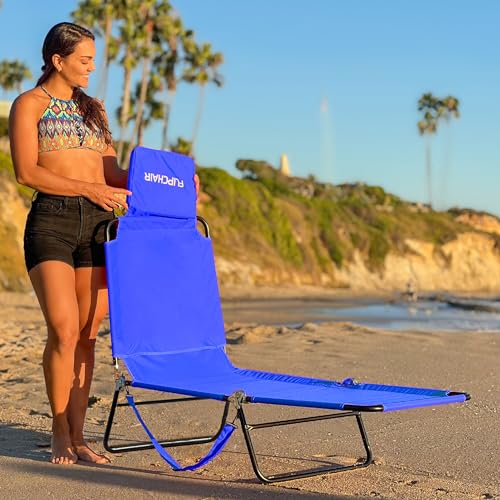 EASYGO Products Pool Chair Chaise Lounge 2 Legs Support Polyester Material Reclining Backrest Head Rest Pillow Great for Beach, Home, Backyard, Outdoor, Patio, Pool, Camping, Lawn or Deck Color TAN - color: Ecochair-blue