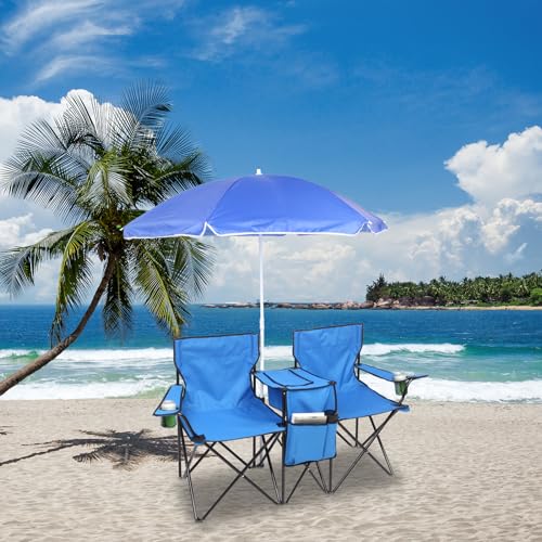 Outvita Folding Double Camping Chair w/Umbrella Beverage Holder Carrying Bag Cooler Fold Up Table, Large Bearing Capacity for Beach Patio Pool Park Outdoor Blue - color: Blue
