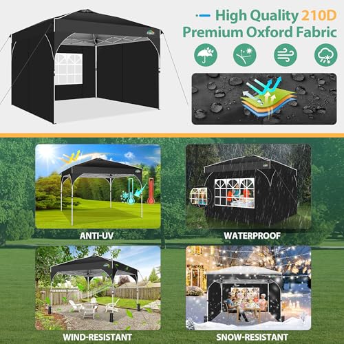 COBIZI Canopy Tent 10x10, Easy Up 10x10 Pop Up Canopy for Party Camping, Party Tents with One Push Central Button Air Vent, Outdoor Gazebo Tent with Sidewalls and Reflective Strip(Black) - color: Black, size: 10x10ft with 3 sidewalls