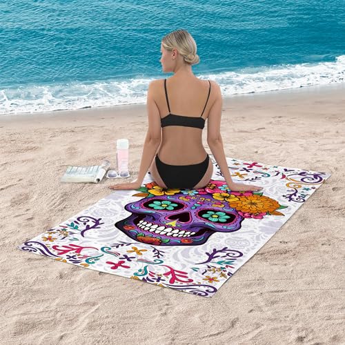 Bonsai Tree Sugar Skull Beach Towel, Purple Microfiber Bath Towel for Women, Sand Free Quick Dry Travel Towels Sugarskull for Women Yoga Sports Adults 30" X 60" - color: Sugarskull, size: 30"x60"