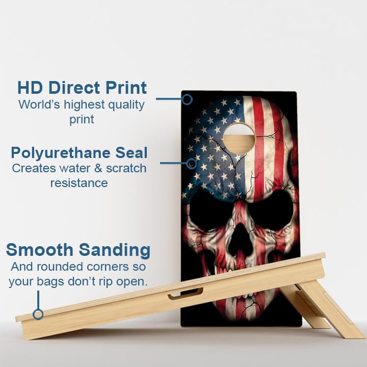 CornholeGamesUSA Pro Cornhole Boards Set | Made in USA | 3/4 Baltic Birch | No Bounce | Triple Thick Legs | Two Brace & Handles, Tournament 2x4 Regulation Set with Score Tower & Cornhole Bags - color: American Skull