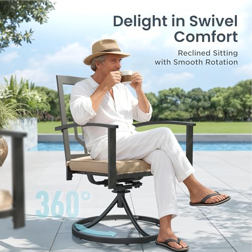 PHI VILLA 7 Pieces Round Outdoor Dining Set for 6, 54" Black Wrought Iron Table with Umbrella Hole & Swivel Metal Steel Chairs, Outside Furniture Set for Patio, Porch, Deck, Backyard - color: Hexagon Back Swivel Chair, size: 7PCS-54" Round Table