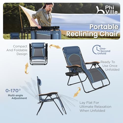 PHI VILLA XXL Oversized Padded Zero Gravity Chair, Foldable Patio Recliner, 30" Wide Seat Anti Gravity Lounger with Cup Holder, Support 400 LBS (Blue Accent) - color: Blue Accents, style: 1 Pcs