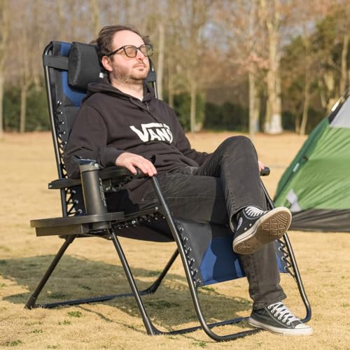 Zero Gravity Lounge Chairs - Set of 2 Oversized Reclining Patio Chairs with Adjustable Pillow & Cup Holder (500lbs Capacity, Black/Blue) - color: Black & Blue, size: X-Large/2 PCS