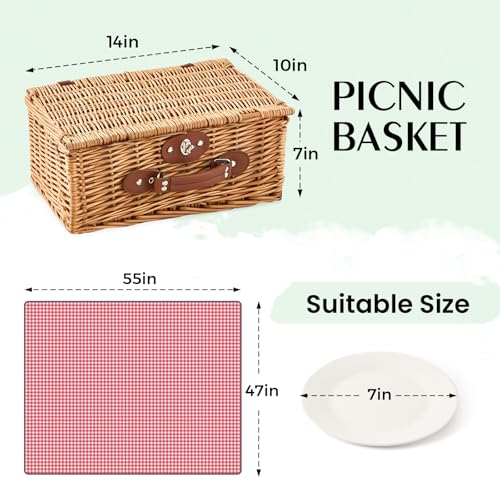 Willow Picnic Basket Set for 2 with Large Insulated Bag and Waterproof Picnic Blanket，Utensils, Glasses, Wicker Picnic Hamper for Camping,Outdoor,Birthday, Valentine, Red - color: Red With Blanket, size: For 2 Persons