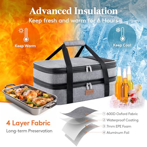 Lifewit Insulated Double Decker Casserole Carrier, Expandable Lasagna Lugger Tote Bag for Hot or Cold Food, Fits 9" x 13" Baking Dish for Potluck Parties, Picnic and Cookouts, Grey - color: Grey