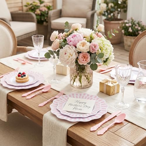 COLOSUS 150pcs Disposable Pink and White Stripped Plastic Plates and Silverware set, Light Pink Dinner/Dessert Plates silverware serve 30guests for Easter Day, Wedding Party and Daily use. - color: White+Pink