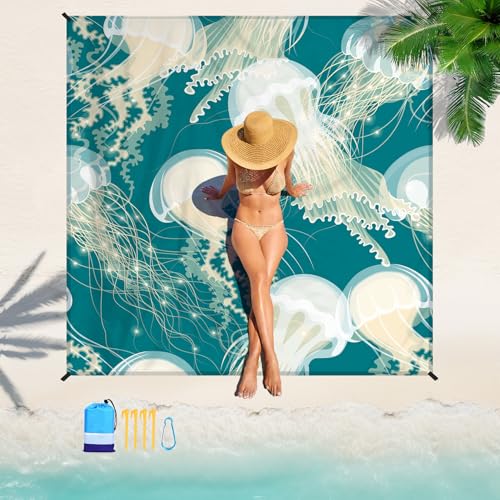 Beach Blanket 78''×81'' Suits 1-5 Adults Waterproof Sandproof Oversized Waterproof Lightweight Durable Beach Blanket Large Picnic Mat for Travel Camping Picnic - color: Jellyfish, size: 78''x81''